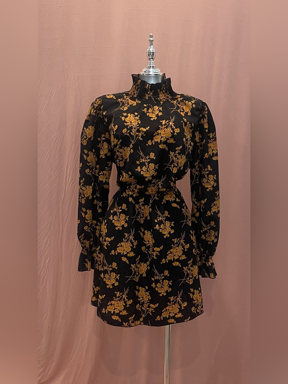 SHEIN Black Long Sleeve Floral High-Neck Dress with Gold Print